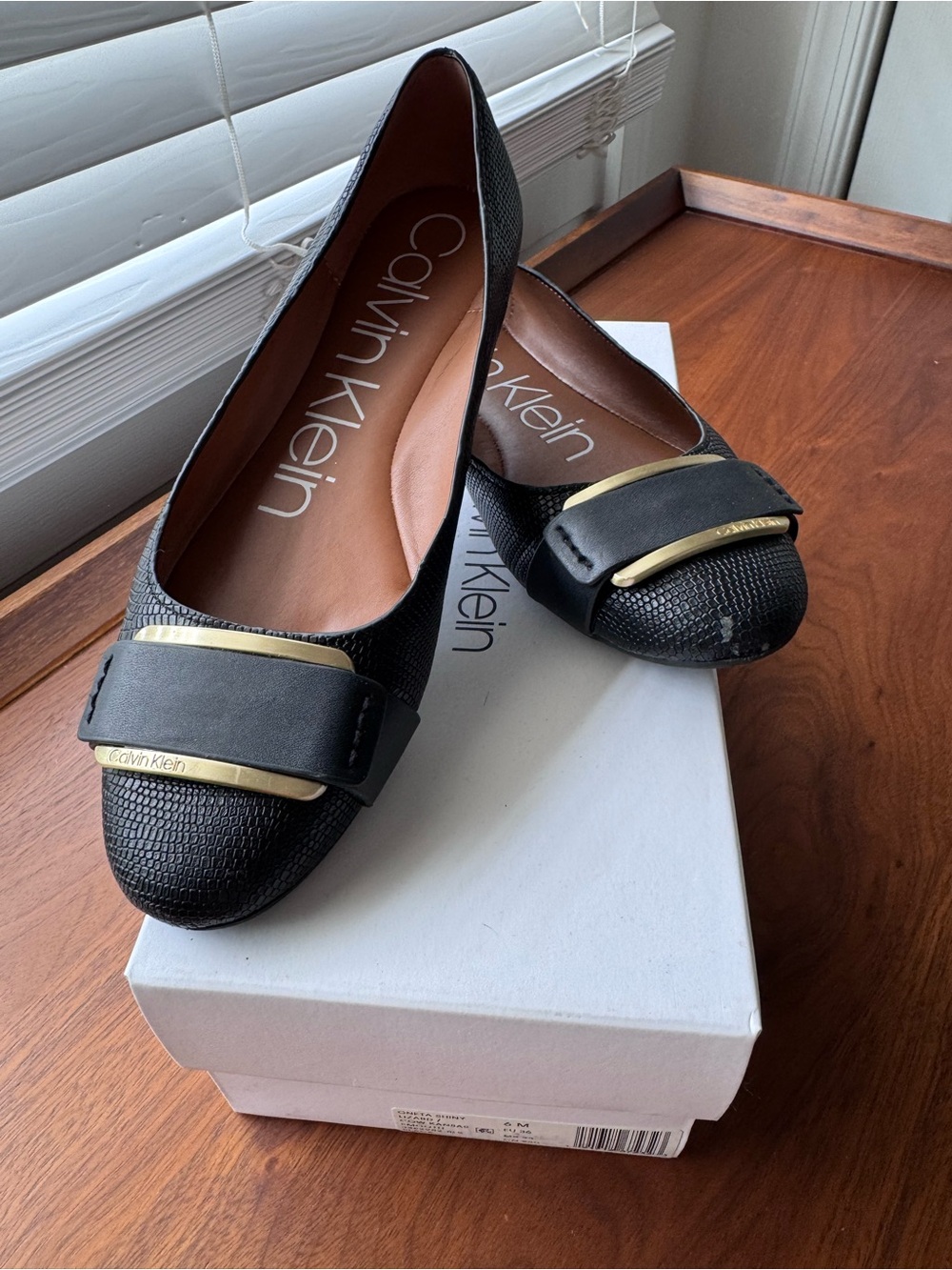 Calvin Klein Black Textured Ballet Flats with Gold Trim